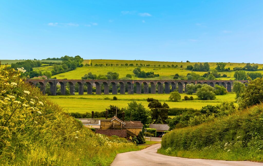 A view across the Welland valley of the Harringworth railway viaduct